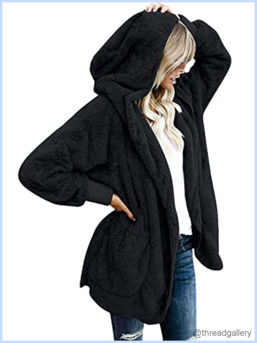 Womens Fuzzy Hooded Cardigan Open Front Sherpa Coat with Pockets
